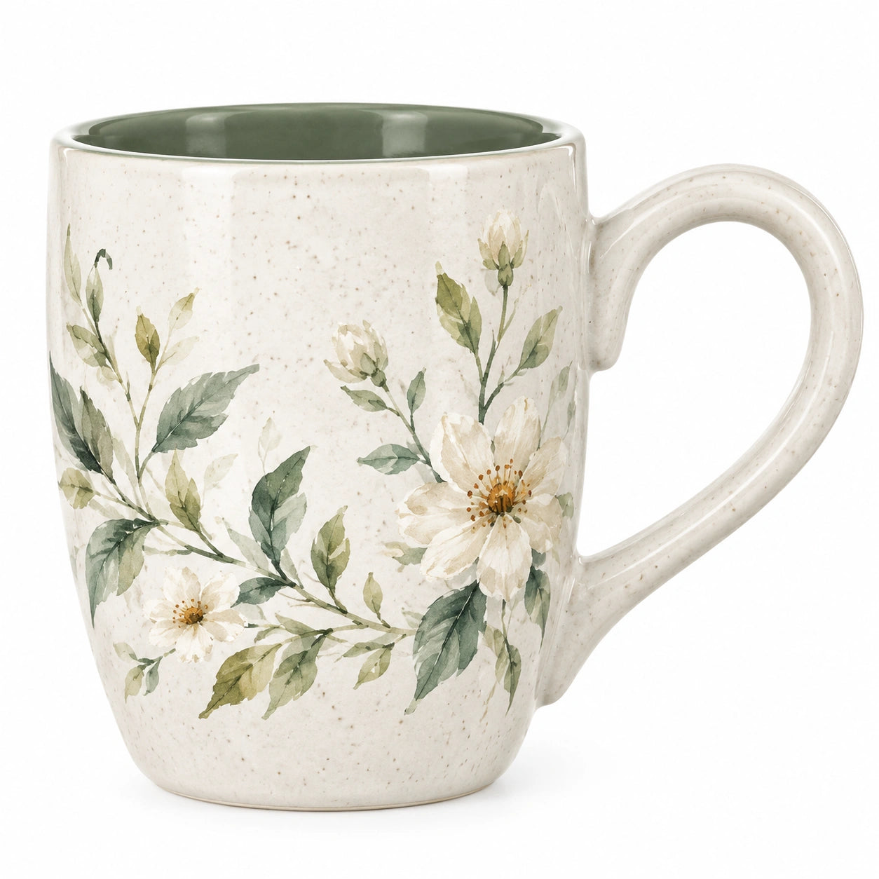 Keramikbecher 350 ml Cremegrün mit Blumenmotiv für Heißgetränke