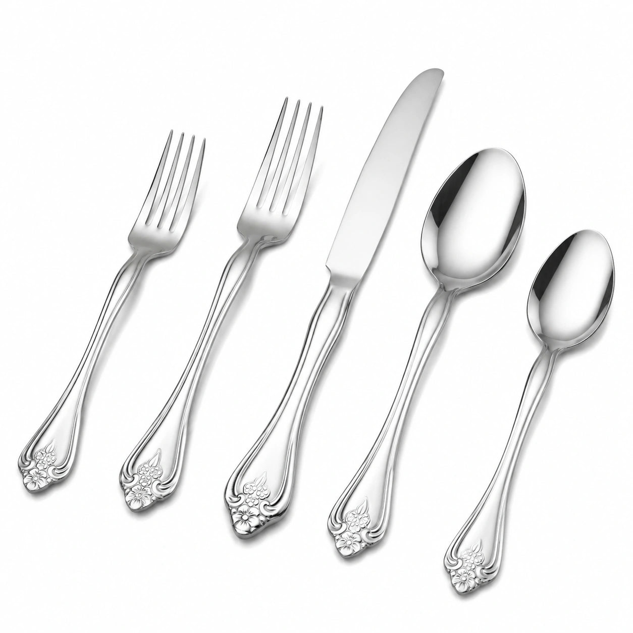 5-teiliges Edelstahlbesteck 14 bis 22 cm silberfarben mit floralem Dekor für Tischgedeck