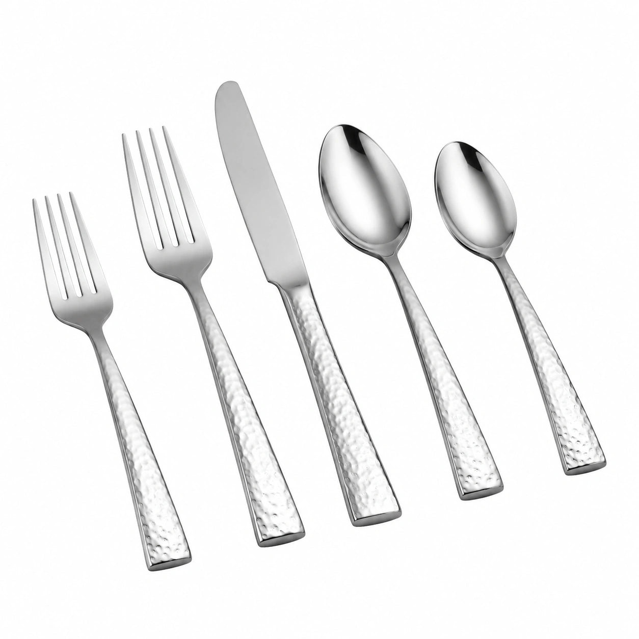 Besteckset 5-teilig aus Edelstahl Silber mit gehämmerten Griffen