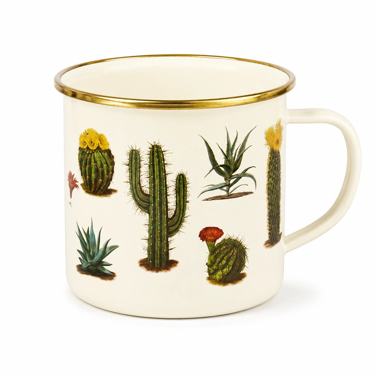 Tasse 400 ml aus emailliertem Metall Cremefarben mit Kaktusmotiv für Heißgetränke
