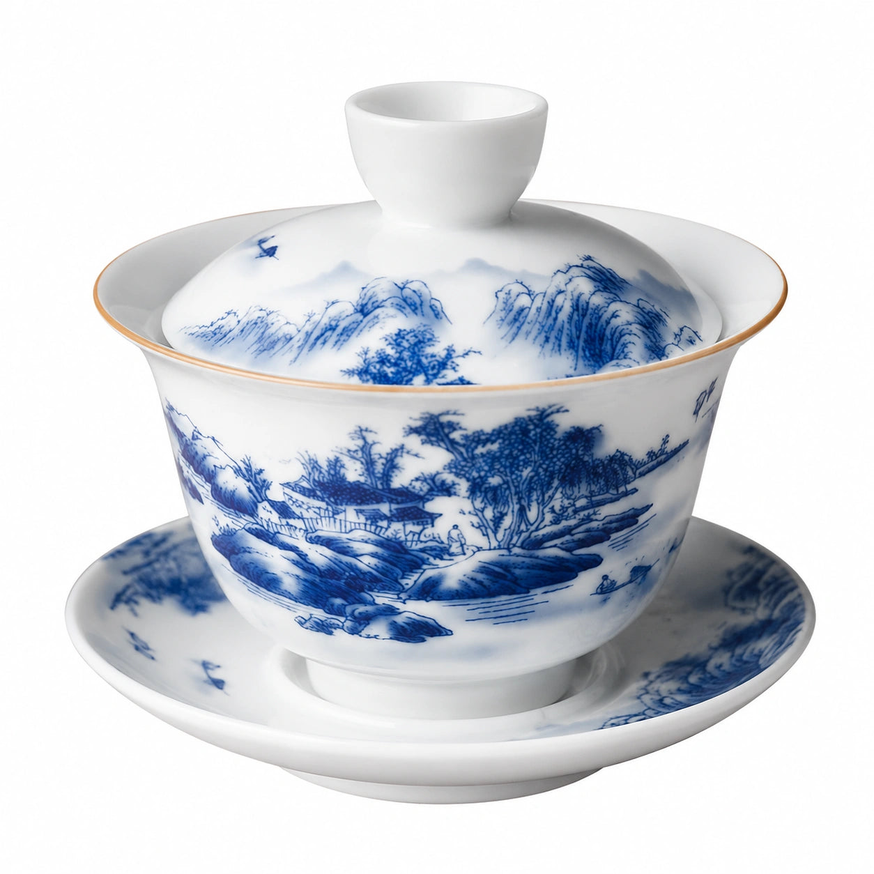 Gaiwan Teetasse 150 ml Porzellan Weiß Blau mit Landschaftsmotiv und Deckel
