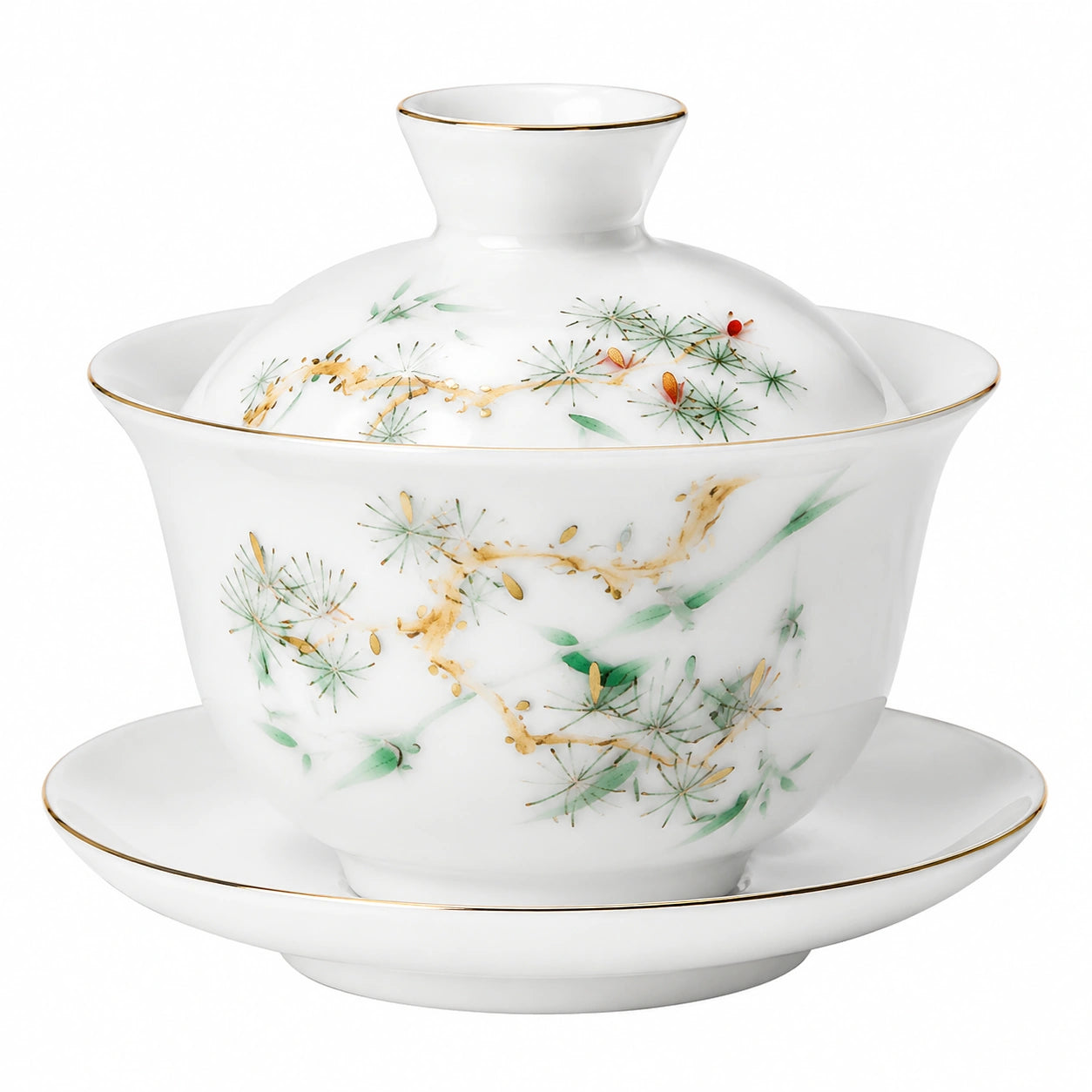 Porzellan Gaiwan 150 ml Weiß Grün Gold mit Deckel und Untertasse für Tee