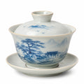 Gaiwan 150 ml aus Porzellan Weiß Blau mit Landschaftsmotiv für Teezeremonie