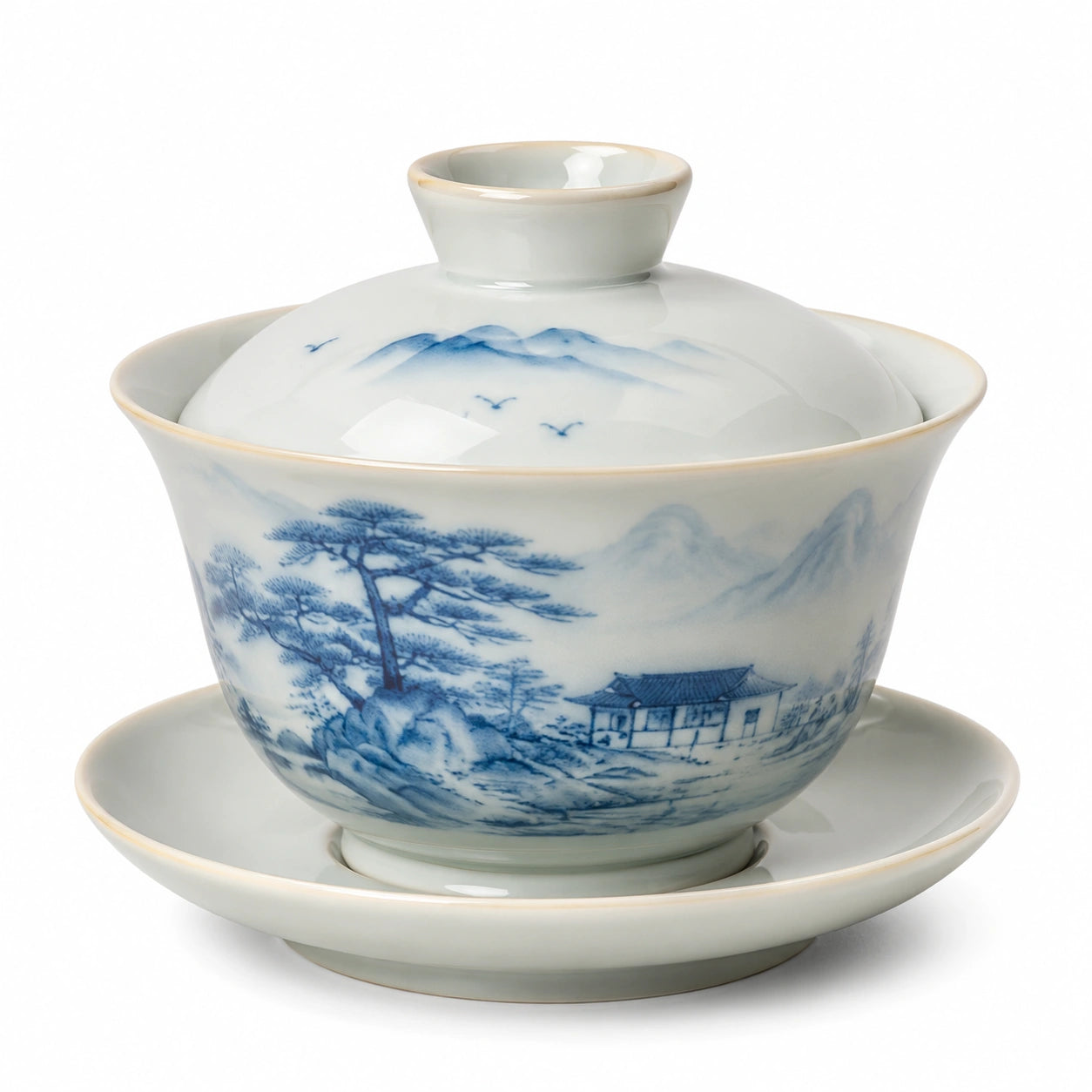 Gaiwan 150 ml aus Porzellan Weiß Blau mit Landschaftsmotiv für Teezeremonie