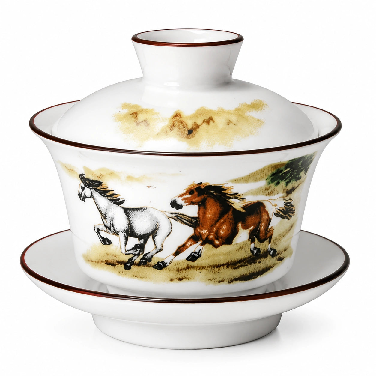Gaiwan Teeschale 150 ml Porzellan Weiß Braun mit Pferdemotiv und Deckel