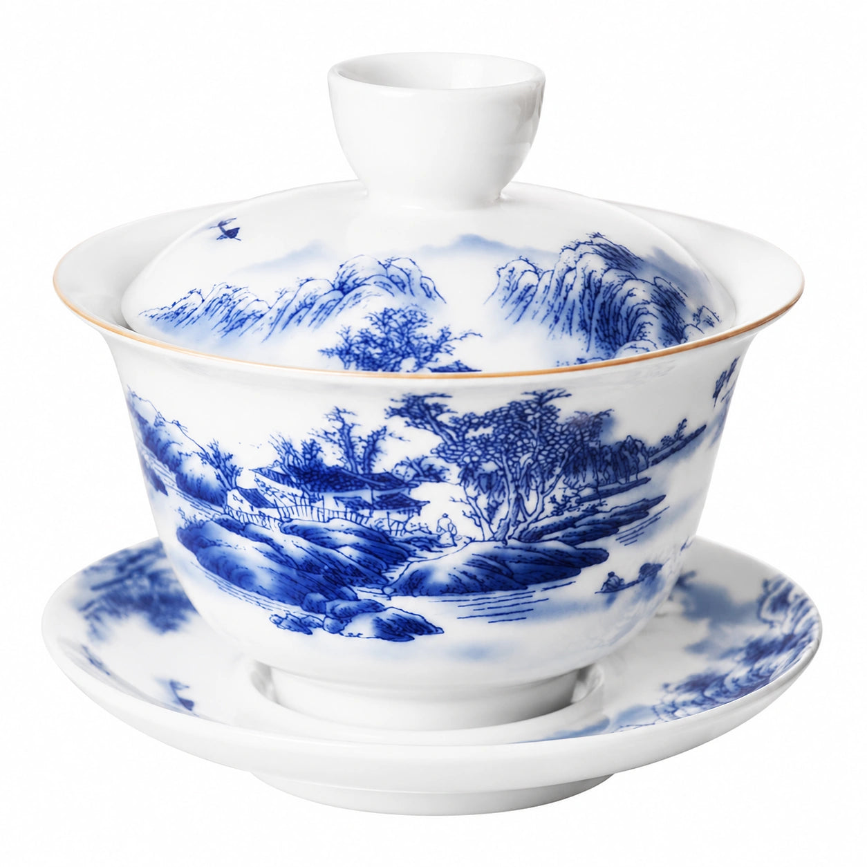Porzellan Gaiwan 150 ml Weiß Blau mit Landschaftsmuster und Deckel