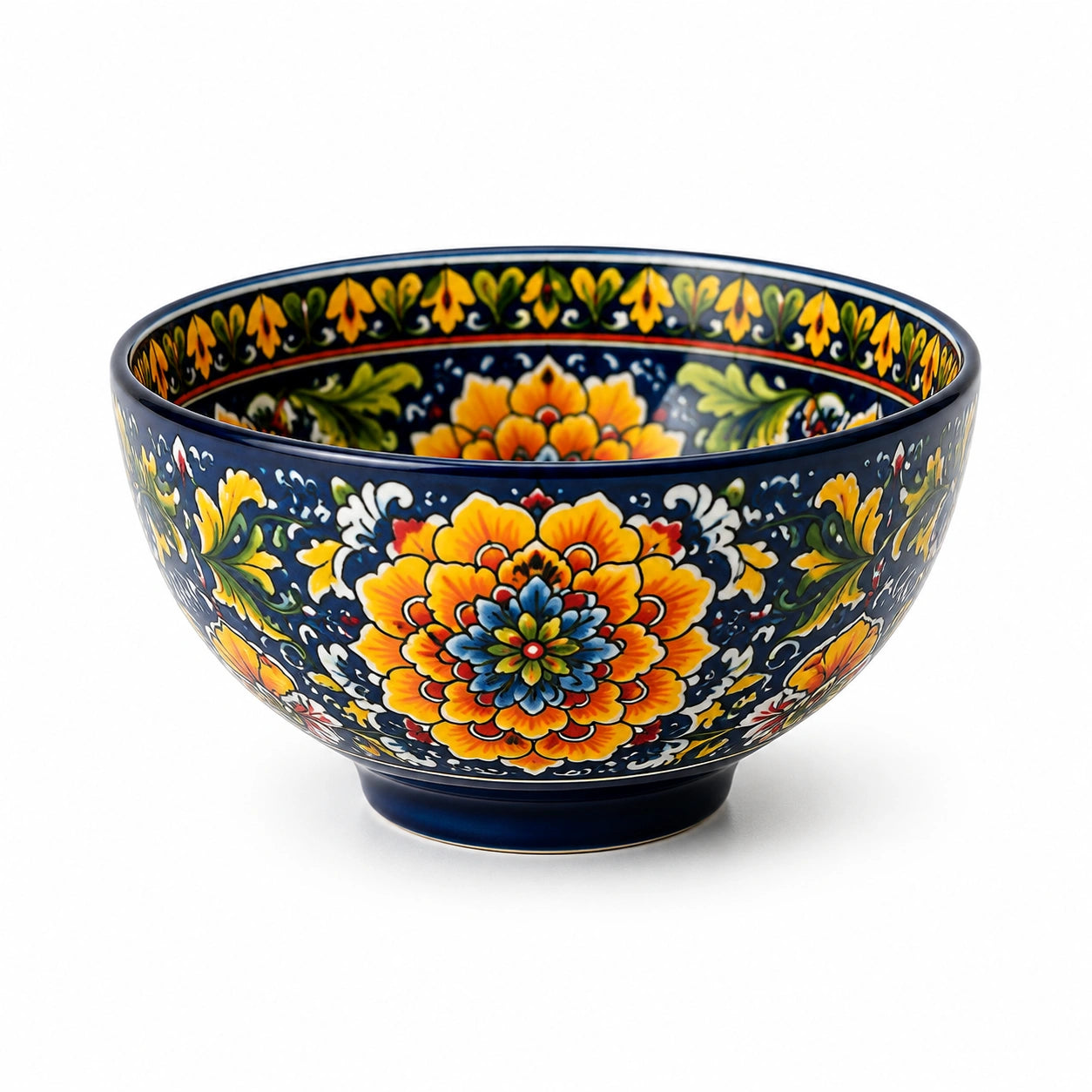 Keramikschüssel 20 cm dunkelblau mit floralem Muster glasiert
