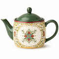 Keramik Teekanne 1000 ml Grün Creme floral dekoriert mit Deckel