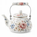 Teekanne 1200 ml Keramik Weiß mit Blumenmuster und Metallhenkel