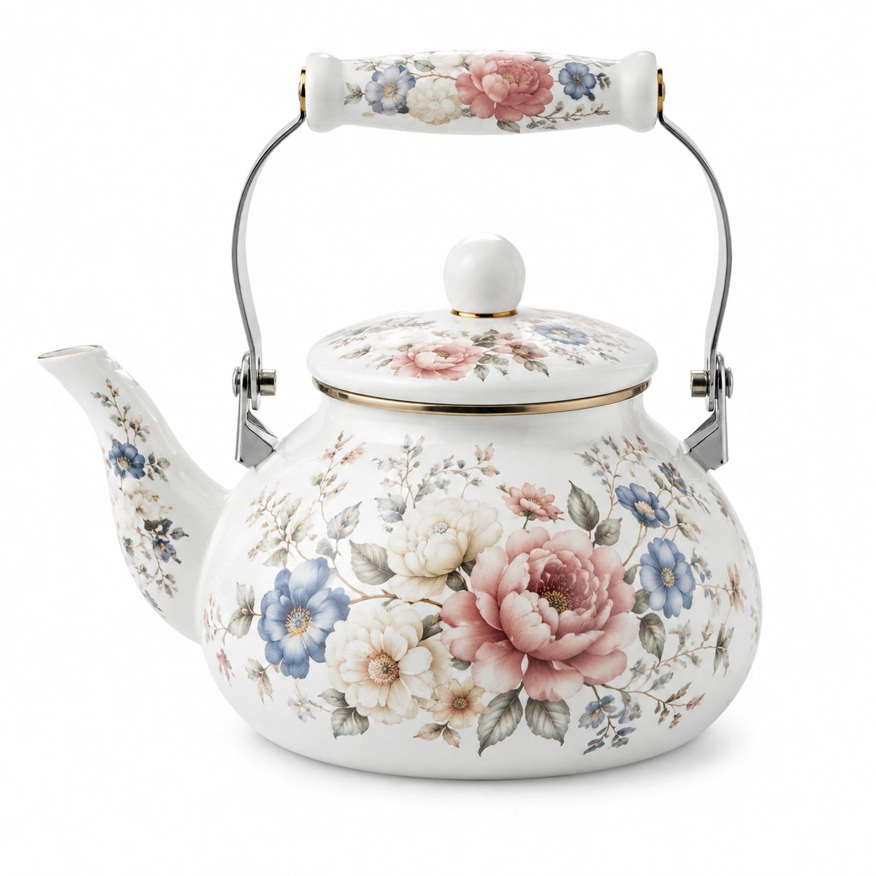 Teekanne 1200 ml Keramik Weiß mit Blumenmuster und Metallhenkel