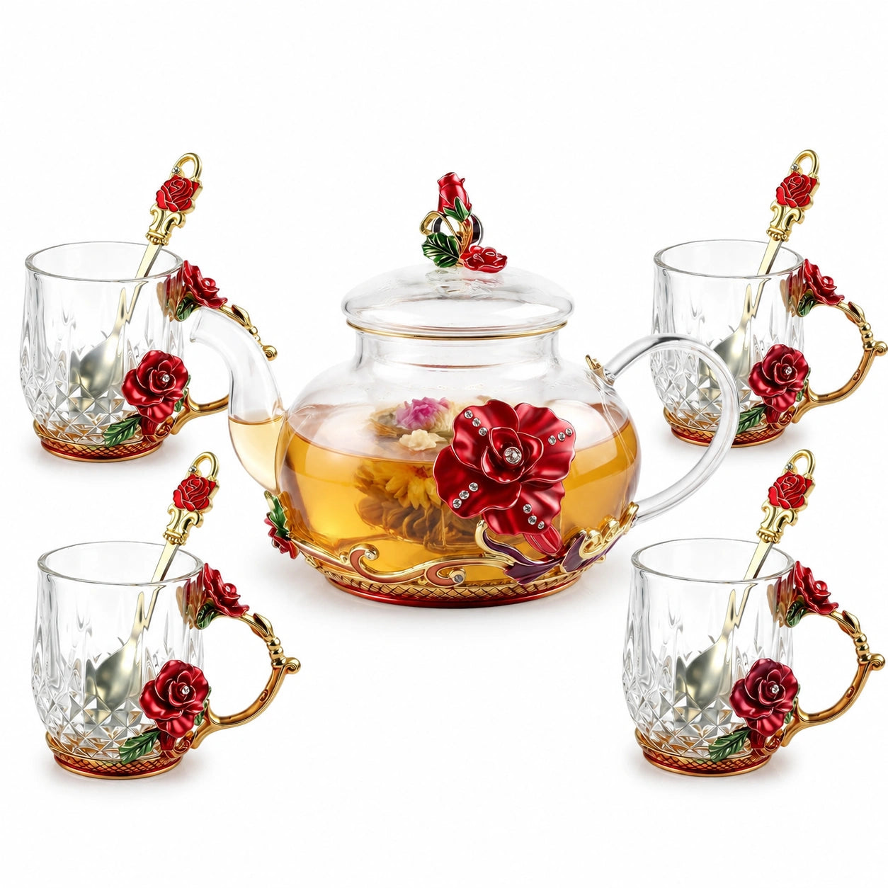 Teeservice 1000 ml aus Glas mit Rosenmotiv für 4 Personen