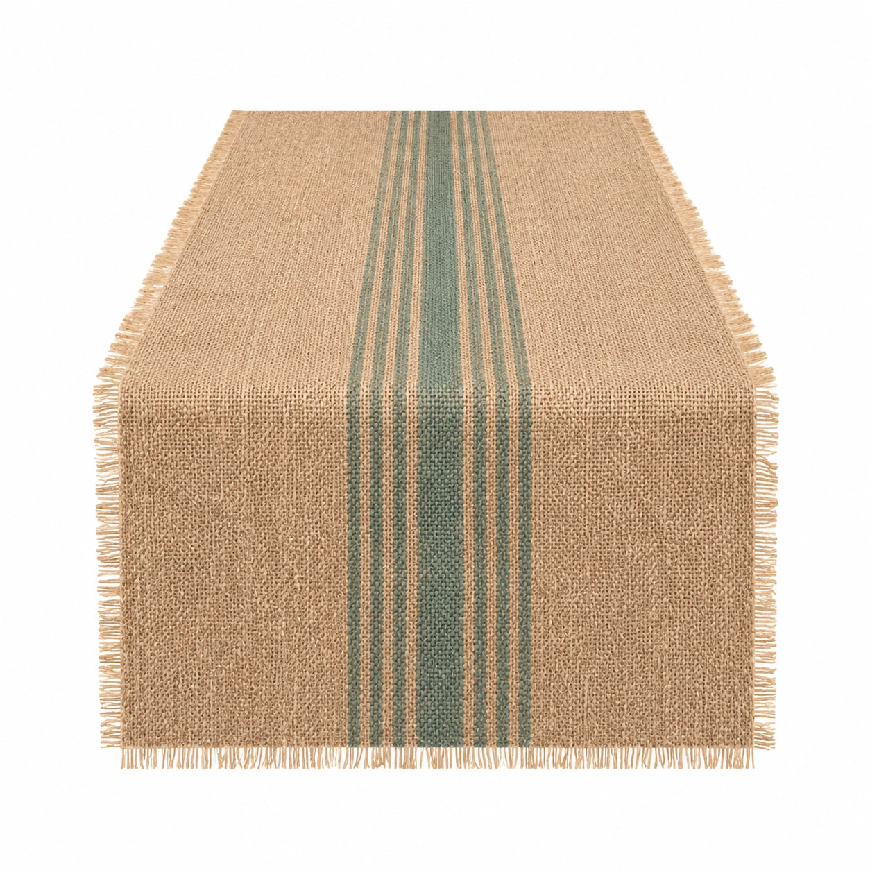 Tischläufer 180 x 33 cm gewebtes Textil beige grün gestreift mit Fransen