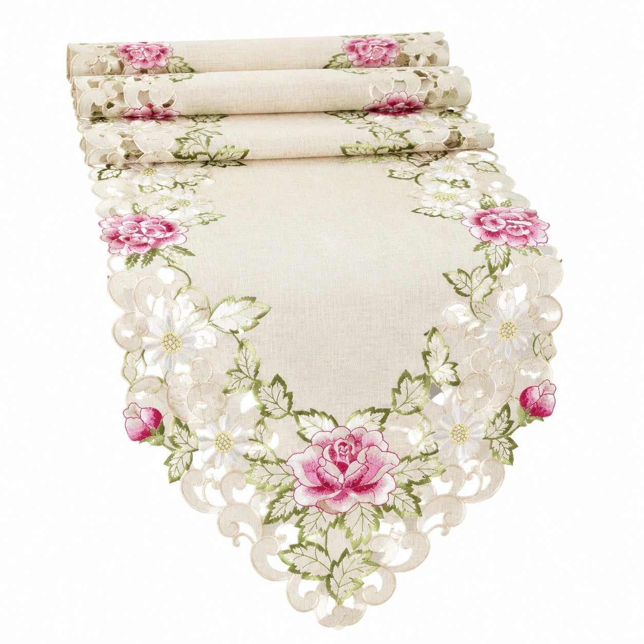Tischläufer 180 x 40 cm aus Polyester in Creme Rosa Grün mit Blumenmuster und Spitzenrand